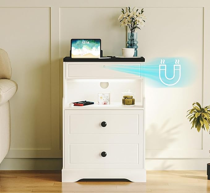 Night Stand with Charging Station,Bedside Table with 2 Drawers,Farmhouse End Table and Nightstand,Small Side Table for Bedroom,Living Room (White-Magnetic Locking, 1-Pcs)