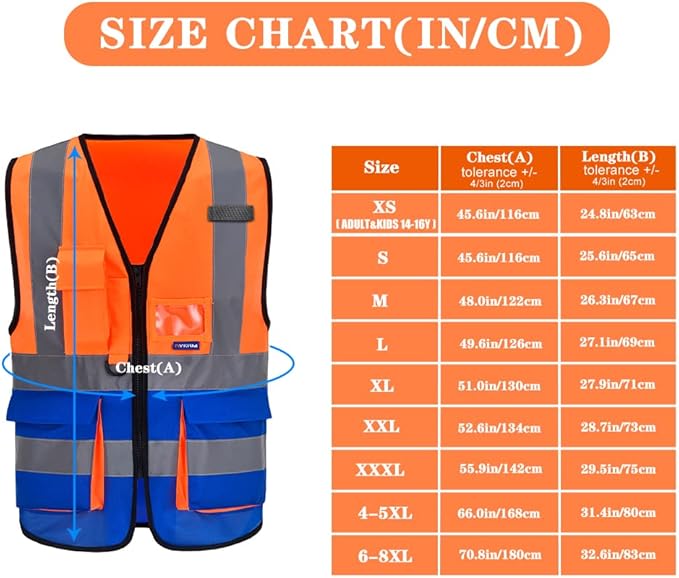 A-SAFETY High Visibility Safety Vest with 7 Pockets Multi Frontal Pockets Lighetweight Safety Vest with Reflective Strips and Zipper, Orange&Blue Color Mixed, XXXL