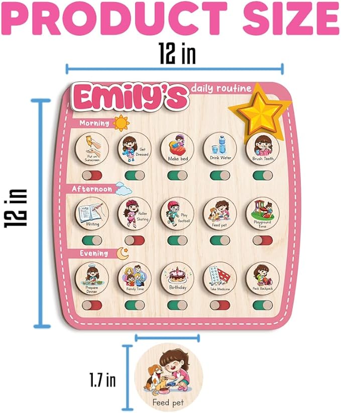 Personalized Wooden Chore Chart for Kids, Daily Routine Chart for Toddlers, Visual Schedule for Kids Age 3-5, Morning Bedtime Routine for Girls (09)