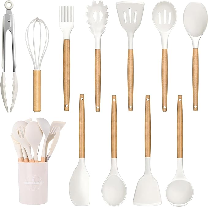 12-Piece Silicone Kitchen Utensil Set with Wooden Handles – Heat Resistant Cooking Tools – Spatula, Spoon, Tongs, Whisk & Holder – Nonstick Cookware Safe – White, Gray, Black (White)