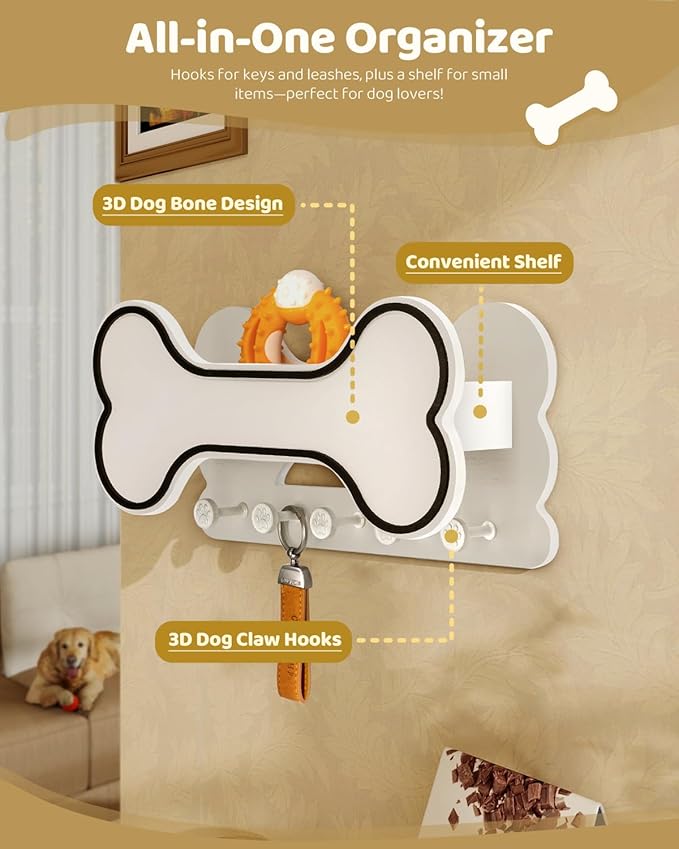 Decorative Dog Leash Holder for Wall - Doggie Bone Shape Key Holder Wall Mount with 5 Chic 3D Puppy Paw Hooks & Dog Stuff Storage Shelf - Apartment Essentials (Black & White)