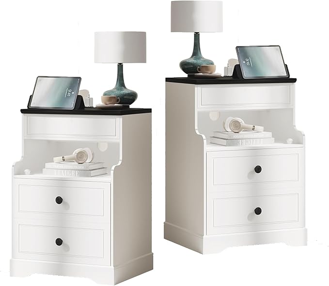 2Pcs Night Stand with Charging Station,Bedside Table with 2 Drawers,Farmhouse End Table and Nightstand,Small Side Table for Bedroom,Living Room