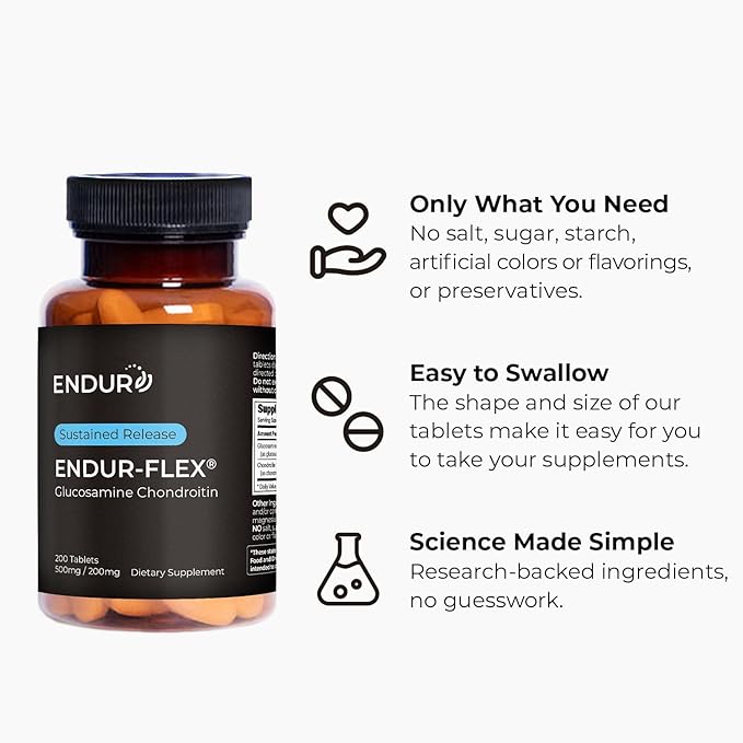 ENDUR-FLEX, Glucosamine Chondroitin Joint Support Supplement For Helping Preserve Your Active Mobility, Gluten Free, 500mg/200mg (200 Tablets)