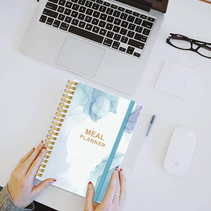 Weekly Meal Planner Notebook,A5 Weekly & Daily Meal Prep Journal with Shopping and Grocery Lists for Menu Planning, Lasts 1 Year, Blue Watercolor