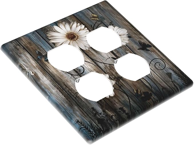 Rustic Wood Background Floral Butterfly Daisy Outlet Covers 2 Gang Double Duplex Decorative Light Switch Covers Electrical Wallplates Socket Faceplate for Farmhouse Bedroom Decor