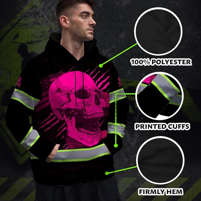 Matedecor Skull US Flag Reflective High Visibility Hoodie For Men Construction Hi Vis Safety Workwear Custom Name
