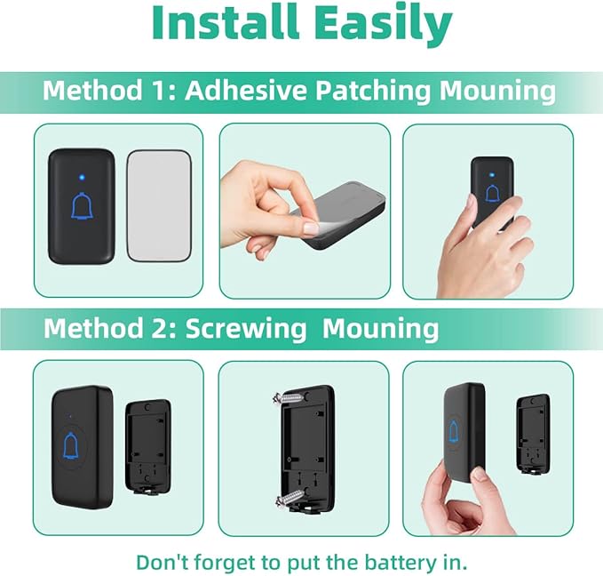 Wireless Doorbell Kits with 2 Receivers IP66 Waterproof 1000ft Range Door Bell for Classroom Teachers with 66 Ringtones 7 Levels Volume 115dB and LED Flash Memory Function Doorbell Chime for Home