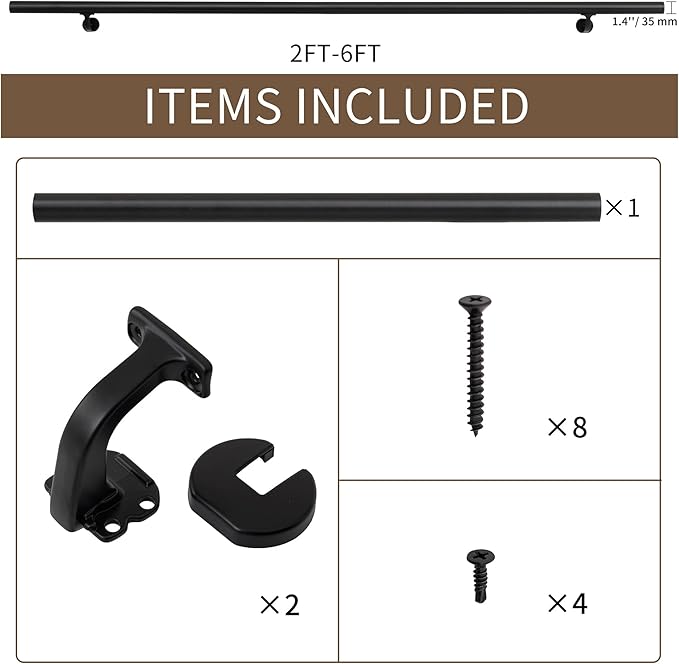 3FT Handrails for Indoor Stairs,Deck,Slope,Modern Aluminum Handrail Set, Wall Mounted, with Zink-Alloy Brackets Aluminium Railing System,Rust Free. (Matte Black, 3 FT)