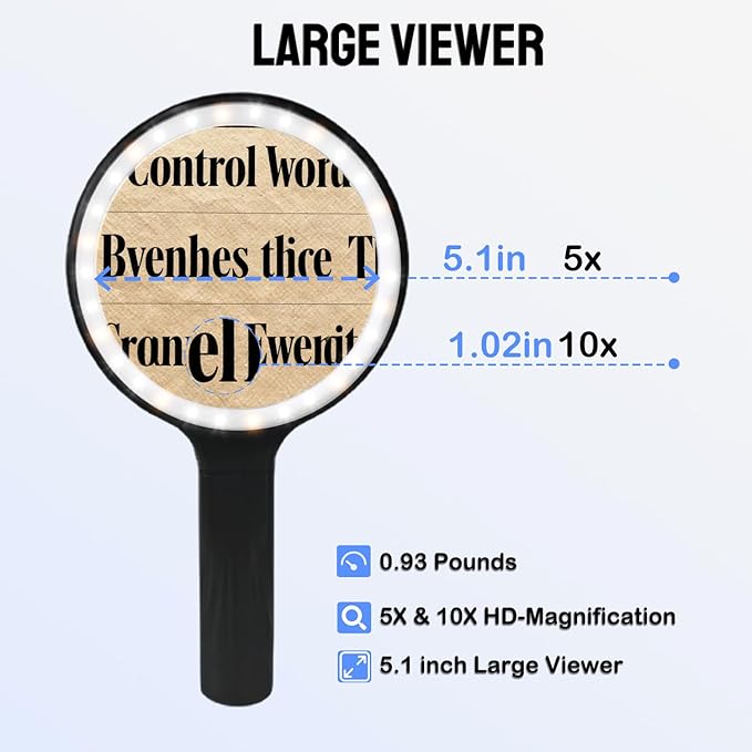 Hands-Free Magnifying Glass & Goose Neck Magnifier with Light | Neck-Worn Rechargeable for Reading, Crafts, Cross Stitch | 5X&10X Large View for Low Vision Seniors & Close Work