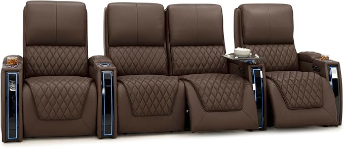 Seatcraft Apex Home Theater Seating, Living Room, Powered Headrest, Powered Lumbar, Powered Recline, Italian Leather, USB Charging, Row of 4 Middle Loveseat, Brown