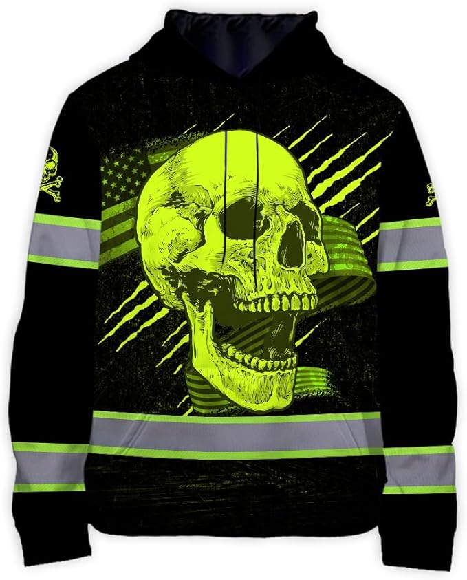 Matedecor Skull US Flag Reflective High Visibility Hoodie For Men Construction Hi Vis Safety Workwear Custom Name