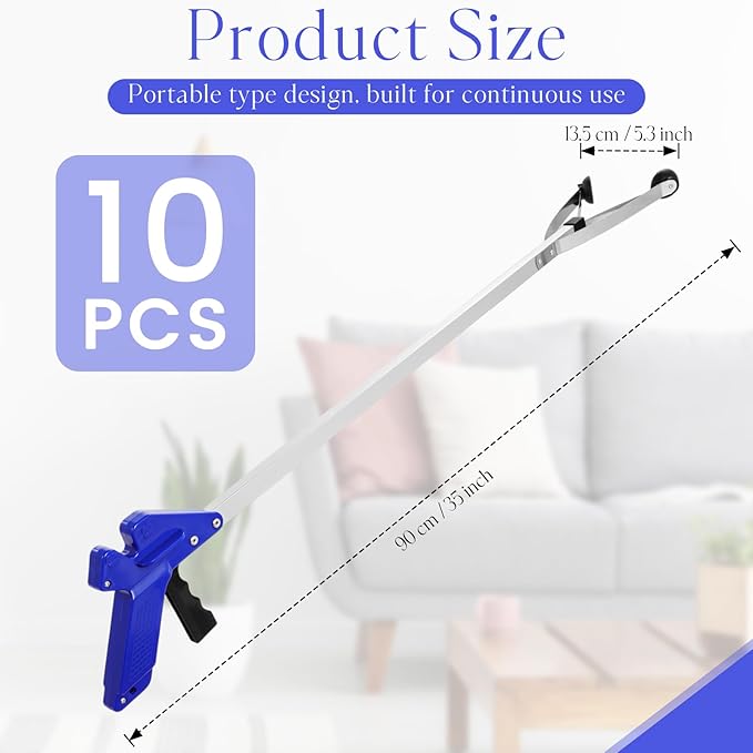 Sabary 10 Pack Suction Cup Reacher Grabber Heavy Trash Picker Grabber Tool, Long Handy Aids Nonslip Claw Reach Tool for Elderly Pick up Stick Arm Extension Litter Picker(Blue,35 Inch)