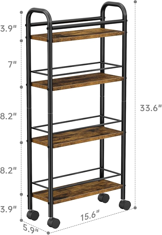 Slim Storage Cart, 4-Tier Narrow Rolling Cart with Handle, 5.9 Inches Deep, Slim Bathroom Shelf for Small Spaces, Kitchen, Dining Room, Living Room, Bathroom, Laundry Room, Rustic Brown
