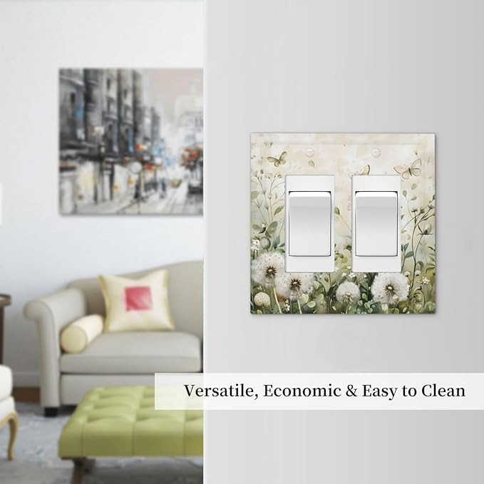 Dandelions Butterflies Watercolor Wildflowers Floral Decorative Outlet Covers 2 Gang Double GFCI Rocker Electrical Wall Panels Light Switch Cover Plate for Bedroom Living Room Decor