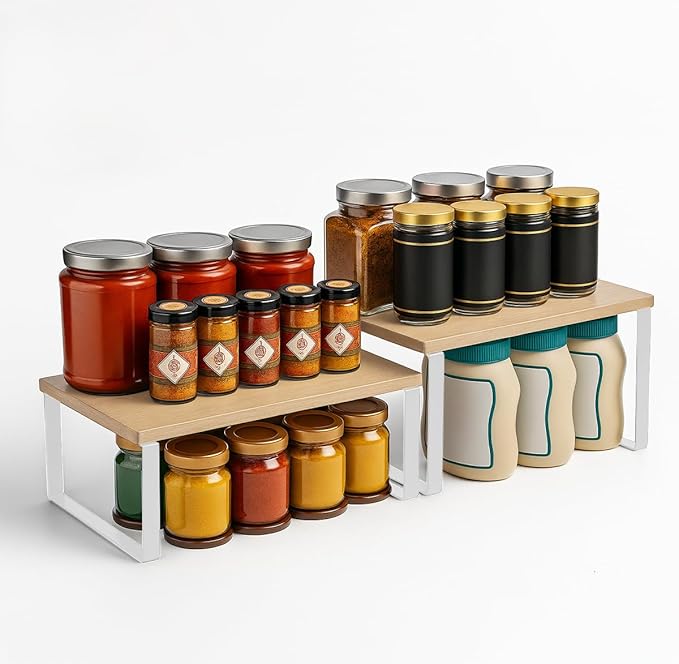 Sben Cabinet Organizer Shelf, Set of 2 Kitchen Counter Shelves, Kitchen Storage, Spice Rack, Stackable, Expandable, Metal and Engineered Wood, Cloud White and Natural Beige