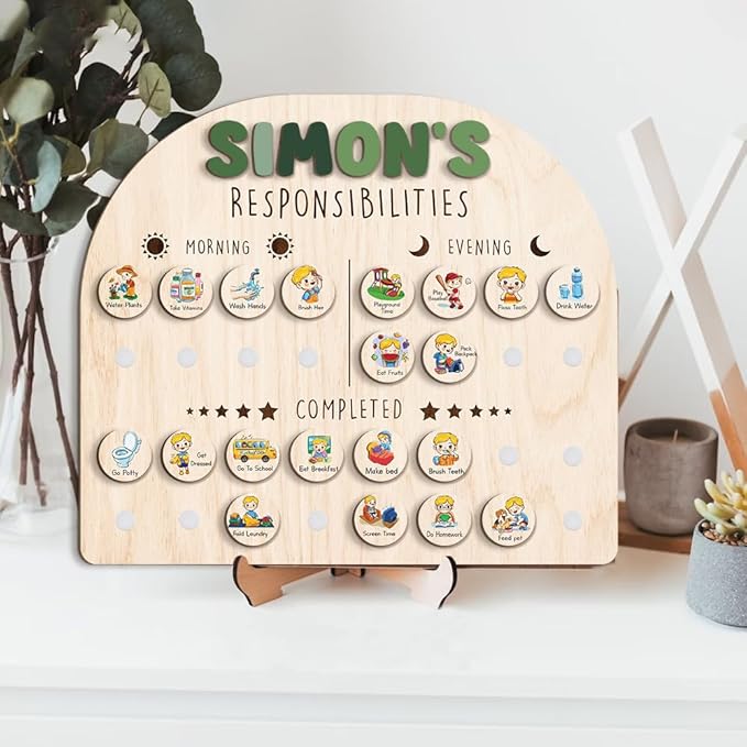 Wooden Chore Chart for Kids Visual Schedule, Routine Chart for Kids, Morning Bedtime Routine Chart for Toddlers Ages 2-4, Daily Kids Schedule Board for Home (09)