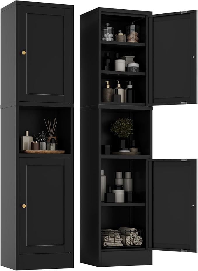 2-Door Metal Storage Cabinet, Tall Slim Pantry Organizer with 3 Adjustable Shelves (120LBS/Shelf), Anti-Tipping Waterproof Cabinet for Bathroom/Kitchen/Home Office/Small Spaces, (1PC,Black)