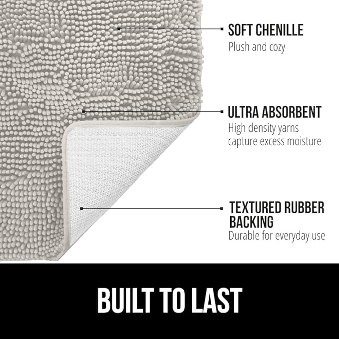 GORILLA GRIP Bath Rug Mat 48x17, Soft Absorbent Chenille, Quick Dry Microfiber Mats, Rubber Backing Washable Shower Floor Rugs, Bathmat Runner, US Designed Bathroom Home Decor Accessories Light Gray