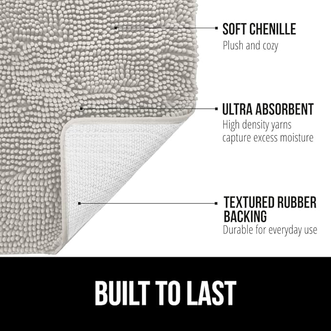 GORILLA GRIP Bath Rug Mat 60x24, Soft Absorbent Chenille, Quick Dry Microfiber Mats, Rubber Backing Washable Shower Floor Rugs, Bathmat Runner, US Designed Bathroom Home Decor Accessories Light Gray