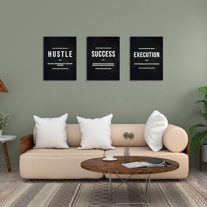 Unbruvo Hustle Success Execution Wall Art for Office, Inspirational Motivational Wall Decor, 3 Pieces Positive Quotes Canvas Wall Art for Entrepreneur Living Room Bedroom(36''Wx 16''H)