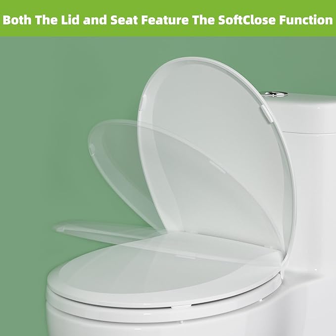 Round Toilet Seat Soft Close, 16.5" Standard Round Toilet Lid Replacement Compatible with TOTO/Kohler/Gerber/American Standard, Four Bumpers Never Loosen, 2-pack Toilet Bolts and Nuts, Cotton White