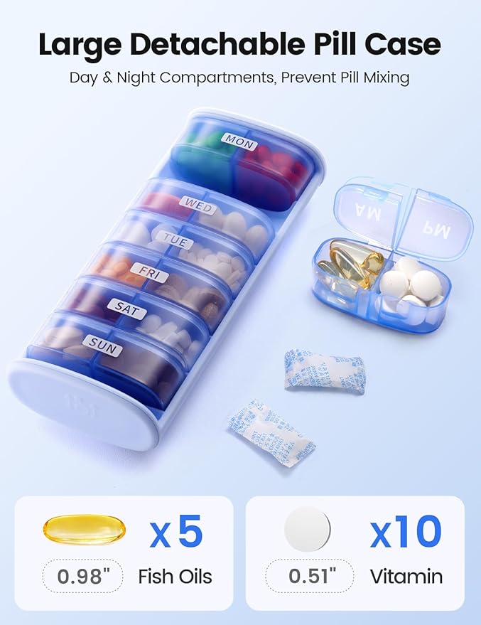Vaydeer Large Weekly Pill Organizer 2 Times a Day,Metal 7 Day Travel Pill Box with Double Protection,AM PM Pill Case for for Medication, Vitamins, Fish Oils, Supplements(Silver)