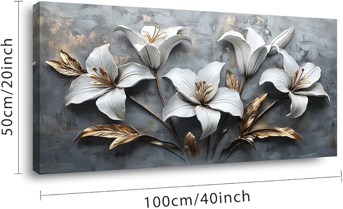 White Flowers Wall Art for Bedroom Canvas Painting Prints Beautiful Floral Gold Leaves Gray Modern Artwork Office Girls Decor