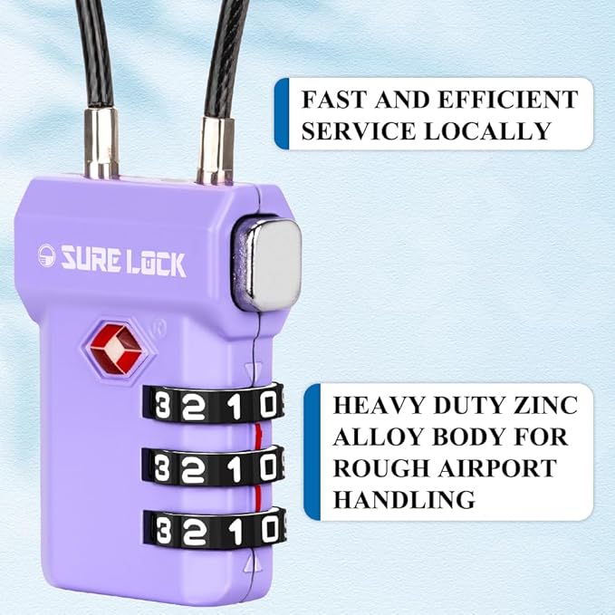 SURE LOCK TSA Approved 3-Digit Combination Luggage Locks – Open Alert Indicator, Re-settable Code with Zinc Alloy Body, Easy-Read Dials for Suitcase, Backpack, Gym Locker & Toolbox (Multiple Colors)