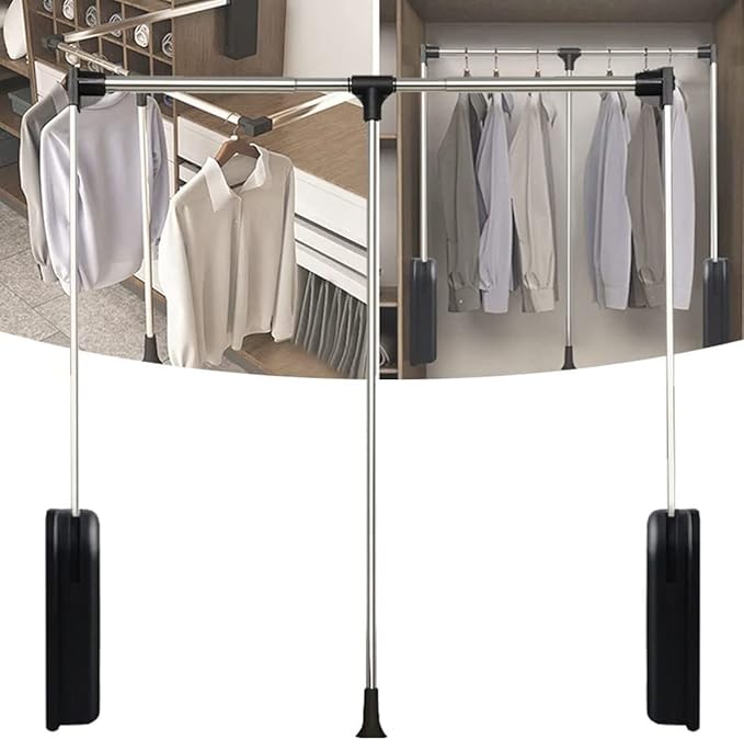 uyoyous Pull Down Closet Rod, 32.67-45.27'' Width Adjustable Wardrobe Rail for Hanging Clothes, Chrome Steel Expanding Closet Rods for Home