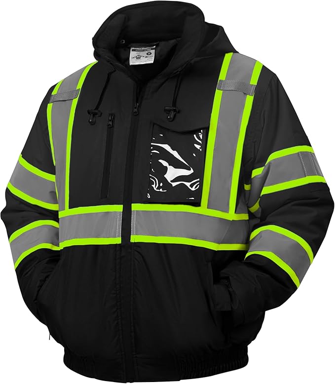 sesafety Reflective Jacket for Men, High Visibility Jackets, Safety Jackets for Men, Hi Vis Construction Bomber Jackets Waterproof with Pockets and Zipper, Black Bottom, Class 3