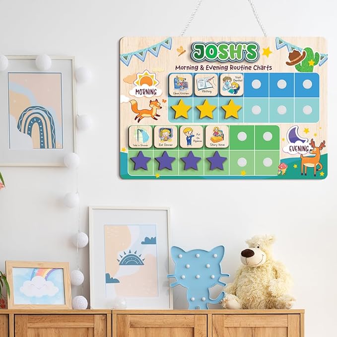 Wooden Chore Chart for Kids Visual Schedule, Routine Chart for Kids, Morning Bedtime Routine Chart for Toddlers Ages 2-4, Daily Kids Schedule Board for Home (13)