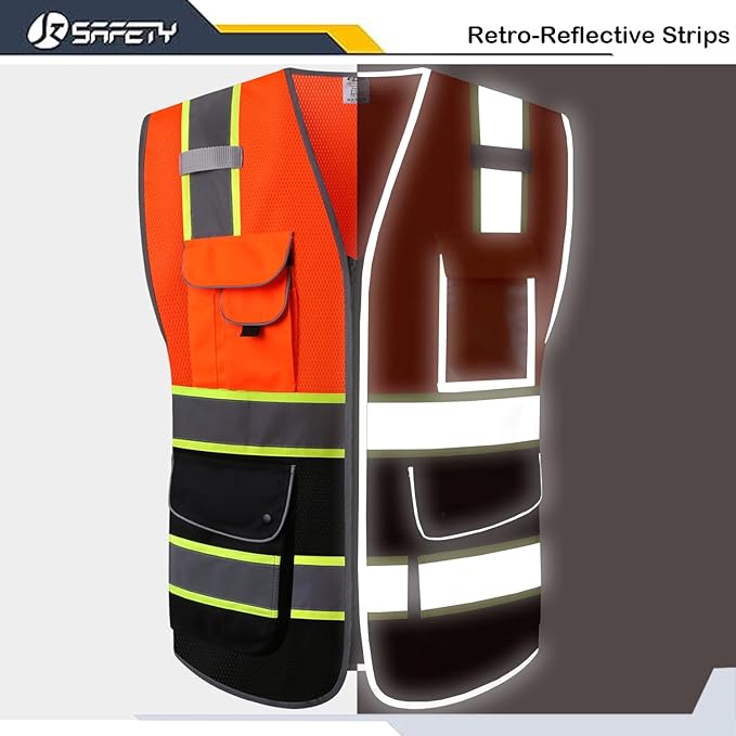 JKSafety 9 Pockets High Visibility Zipper Front Safety Vest With Reflective Strips,Meets ANSI/ISEA Standard (100-Orange-Black,XL)