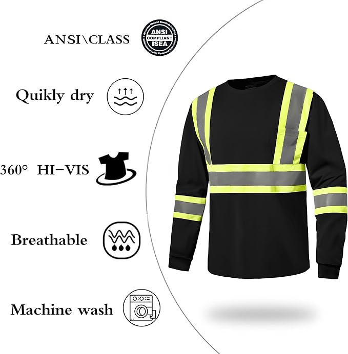 Hi Vis Safety Long Sleeve Shirts，High Visibility Class 3 T Shirts with Reflective Strips and Pocket, Quick Dry Mesh Construction Work Shirt for Men/Women (Black,3XL)