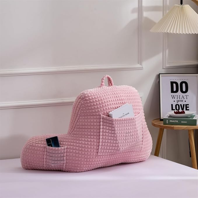 Holawakaka Reading Pillow for Bed and Sofa Couch Sitting Up, Backrest Pillows with Arms for Kids Teens Adults, Back Support Cushion for Lounging, Watching TV, Working on Laptop, Pink