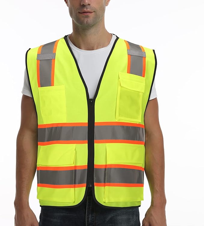 9 Pockets High visibility Class 2 Safety Vest，Hi Vis Vest with 2 inch wide Reflective Strips security vest with Zipper construction work vest for men &women Lime，Large