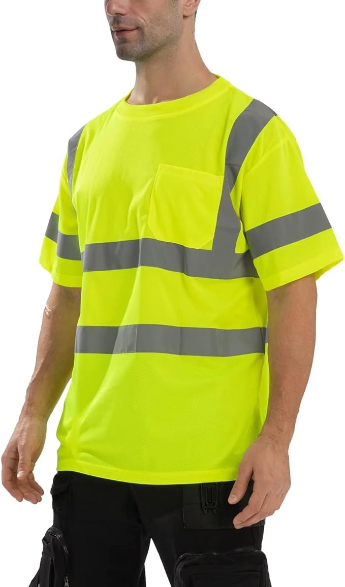 High Visibility Class 3 T Shirts，Hi Vis Safety Shirts with Reflective Strips and Pocket, Short Sleeve Quick Dry Mesh Construction Work Shirt for Men/Women Lime,2XL