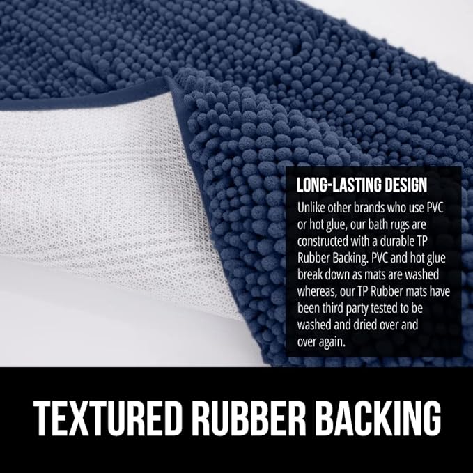 GORILLA GRIP Bath Rug Mat 48x24, Soft Absorbent Chenille, Quick Dry Microfiber Mats, Rubber Backing Washable Shower Floor Rugs, Bathmat Runner, US Designed Bathroom Home Decor Accessories Navy Blue