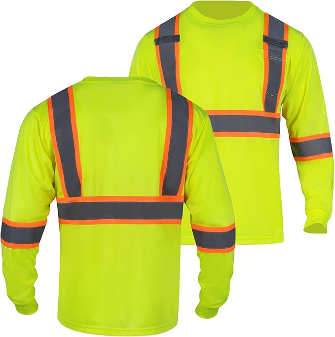 FONIRRA Hi Vis Shirts for Men Reflective ANSI Class 2 Safety Long Sleeve High Visibility Work Construction T Shirts
