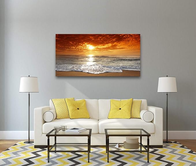 Muolunna S04650 Canvas Prints Wall Art Sunset Ocean Beach Pictures Photo Paintings for Living Room Bedroom Home Decorations Stretched and Framed Ready to Hang Seascape Waves Artwork 20x40inch