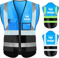 YOWESHOP High Visibility Safety Vest Custom Your Logo Protective Workwear 5 Pockets With Reflective Strips Outdoor Work Vest (S, Blue Black Luminous)