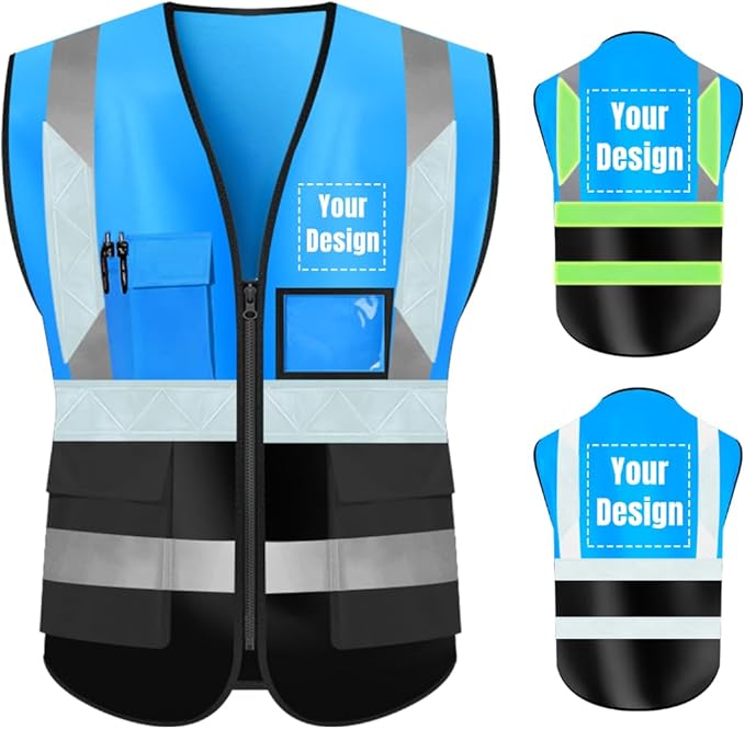 YOWESHOP High Visibility Safety Vest Custom Your Logo Protective Workwear 5 Pockets With Reflective Strips Outdoor Work Vest (4XL, Blue Black Luminous)