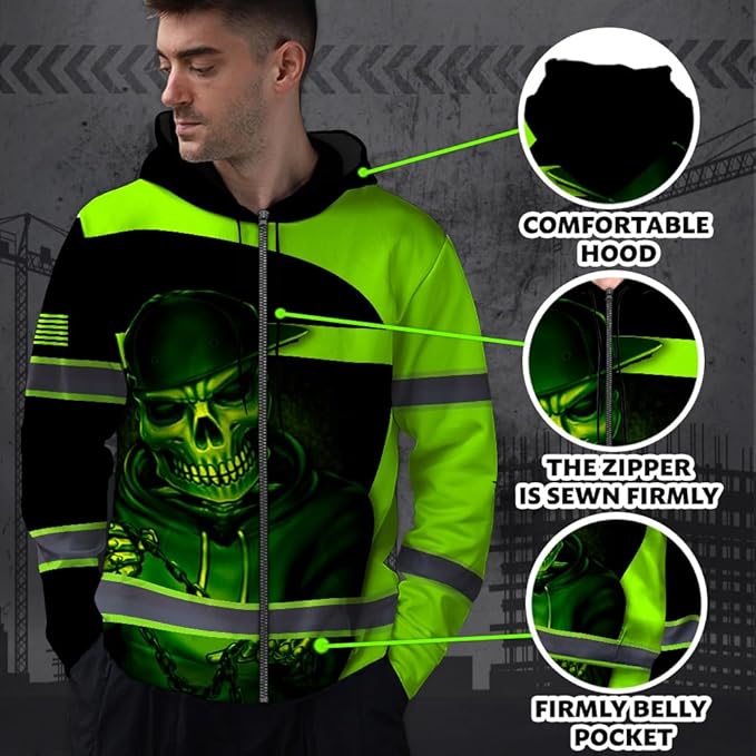 Maddly Hi Vis Reflective Zip Up Hoodie, High Visibility Safety Jacket with Skull Design for runner, worker, trucker, cyclist