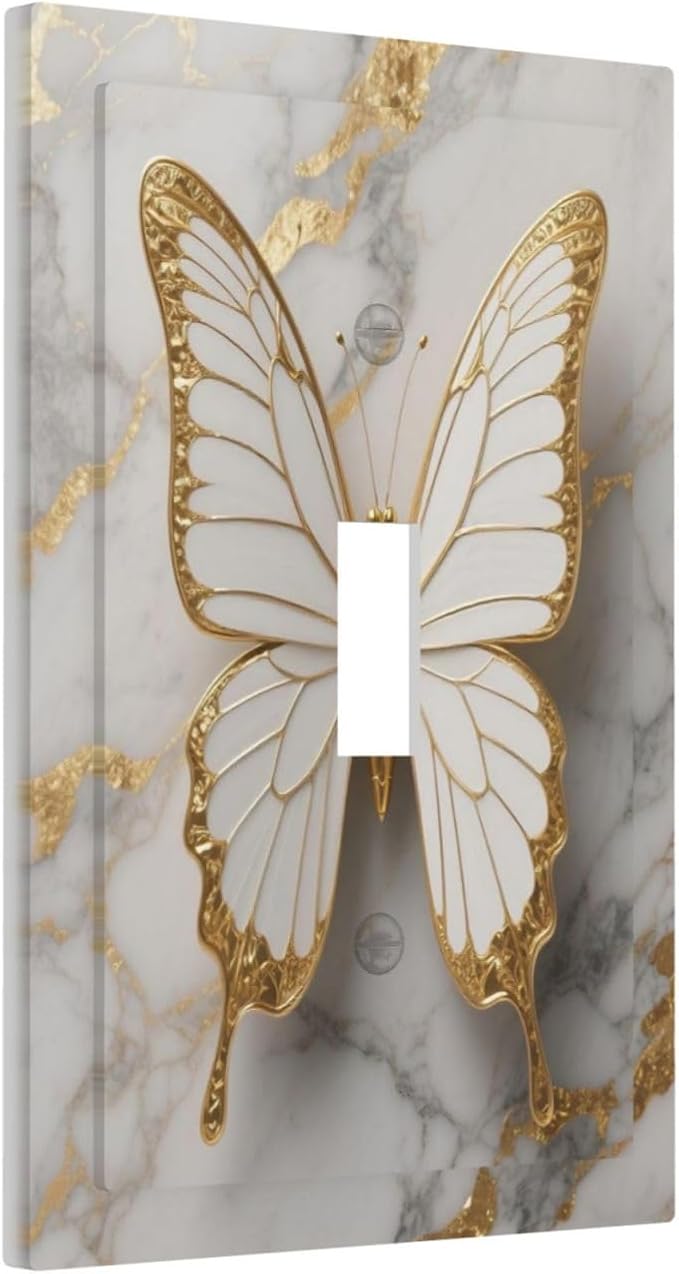 Gold Marble Shine Butterfly Abstract Modern Print Decorative Light Switch Cover 1 Gang Single Toggle Device Electrical Faceplate Switchplates Decorator Outlet Wall Plate for Bed Room Bathroom Decor