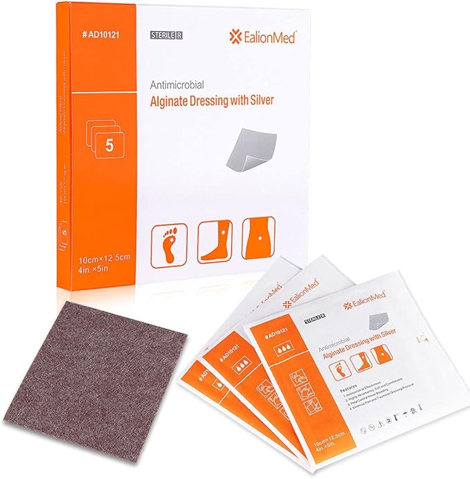 Silver Calcium Alginate Wound Dressing Pad, 4’’x5’’ Patch, High Absorbency Non-Stick Ag Gauze for Pressure Ulcer,Bed Sore,Leg Sore,Diabetic Foot Ulcer, 5 Packs