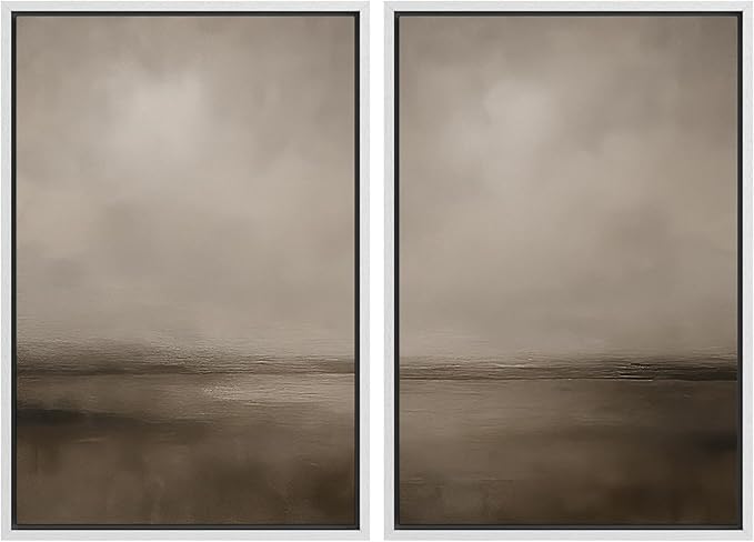 MUDECOR Framed Canvas Print Wall Art Abstract Brown and Taupe Modern Minimalist Misty Landscape Illustrations Modern Art Decorative Bohemian for Living Room, Bedroom, Office - 24"x36"x2 White