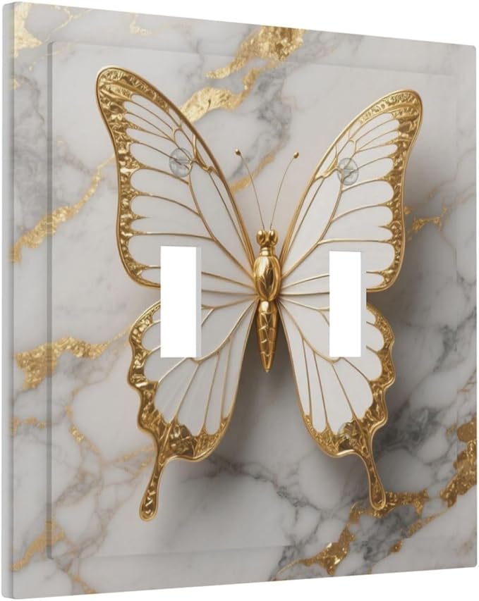 Gold Marble Shine Butterfly Abstract Modern Print Decorative Switch Plates 2 Gang Double Toggle Outlet Light Switch Cover Wall Plate Electrical Faceplate for Bed Room Bathroom Decor
