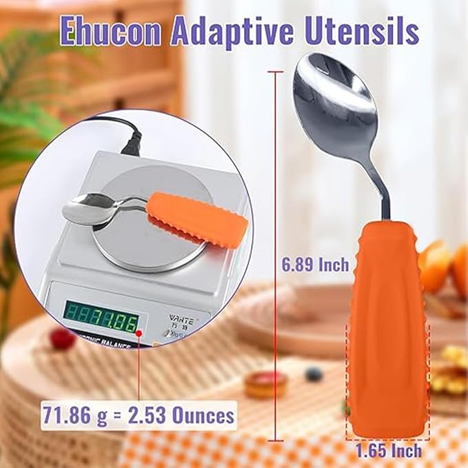 Adaptive Utensils,Weighted Angled Silverware,Parkinsons Aids,Angled Silverware Spoon and Fork Set for Elderly, Arthritis, Dementia, Disable, Handicapped Hands (Right Hand,Pack of 2,Orange)