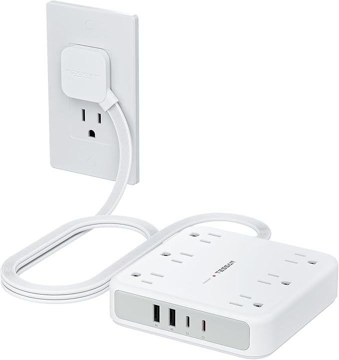 TESSAN Surge Protector Power Strip 2100J, 5 FT Extension Cord with Multiple Outlets Flat Plug, 4 USB (2 USB C) and 6 AC Outlets, Multi Port Charging Station for Home Office Dorm Room Essentials