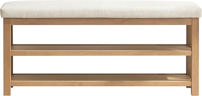 2 Tier Shoe Rack Bench with Cushion, Solid Wood Shoe Benches, Mid-Century Modern Shoe Storage Bench for Entryway, Hallway, Living Room, Closet, Front Door Entrance, (Beige, 46.5")