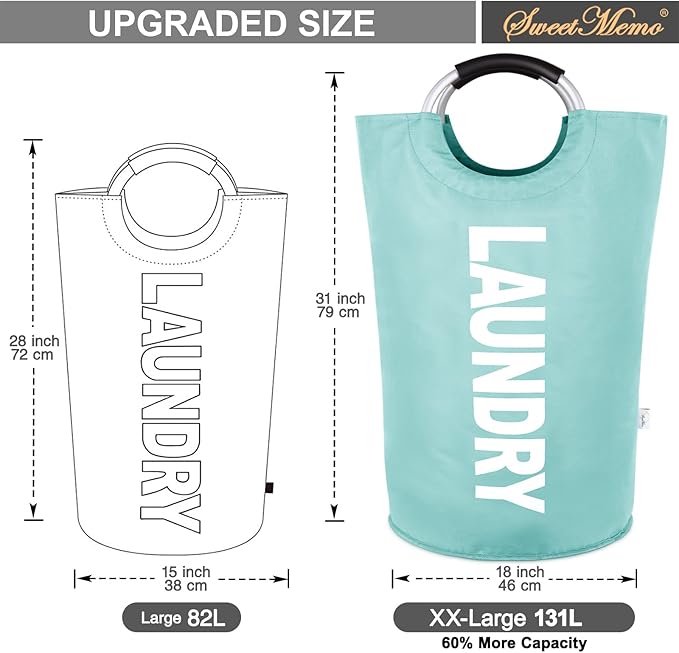 Large Laundry Basket Collapsible，Freestanding Clothes Hamper Bag with Handles – Tall Folding Dirty Laundry Bin，Sturdy Laundry Sorter for College Dorm，Laundry Room – 131L (Light Blue)